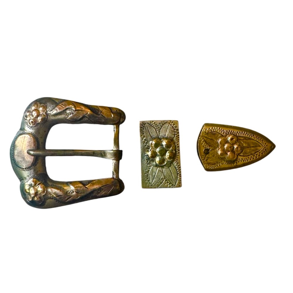 Vintage 1970s Sterling Silver Western Belt Buckle Set - Floral w/Copper Accents